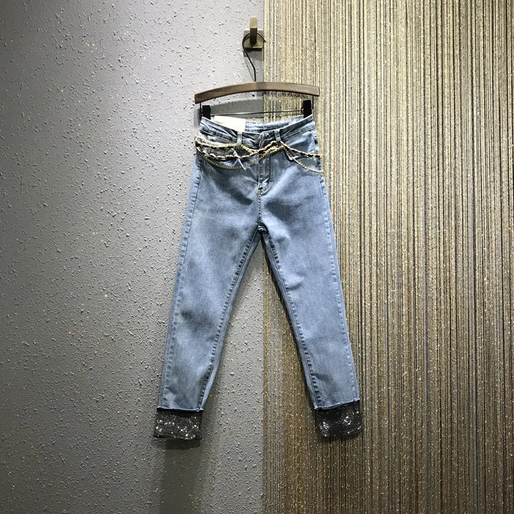 

2020 European spring summer new high waist rhinestone curled elastic skinny denim cropped pants jeans women's jeans women 2020