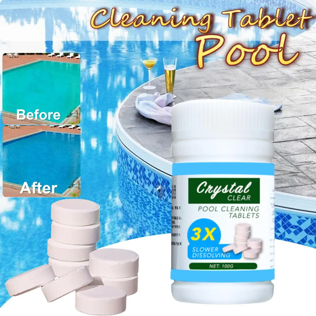 

100g Pool Cleaning Effervescent Chlorine Tablets Cage Disinfectant Swimming Pool Clarifier Instant Disinfection