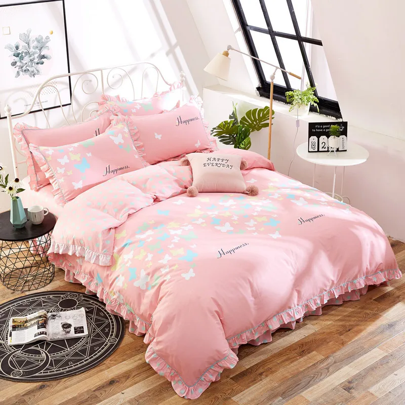 

Pure Cotton Fabric Bedding Set Lotus Leaf Edge Bed Sheets Quilt Cover Comfortable Soft Four Seasons Universal Small Fresh Style