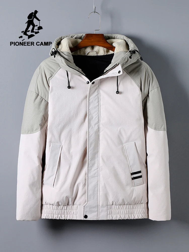 Pioneer Camp New Men Down Jacket Thick Khaki Color Hooded Warm Zipper