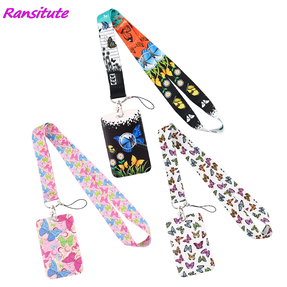 Ransitute R2194 Butterfly Lanyard Card ID Holder Car KeyChain ID Card Pass Gym Mobile Phone Badge Kids Key Ring Holder Jewelry