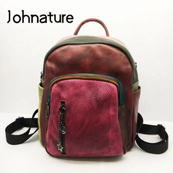 

Johnature Retro Genuine Leather Bagpack Women Travel Bags 2020 New First Layer Cowhide Color Patchwork Leisure Lady Backpack