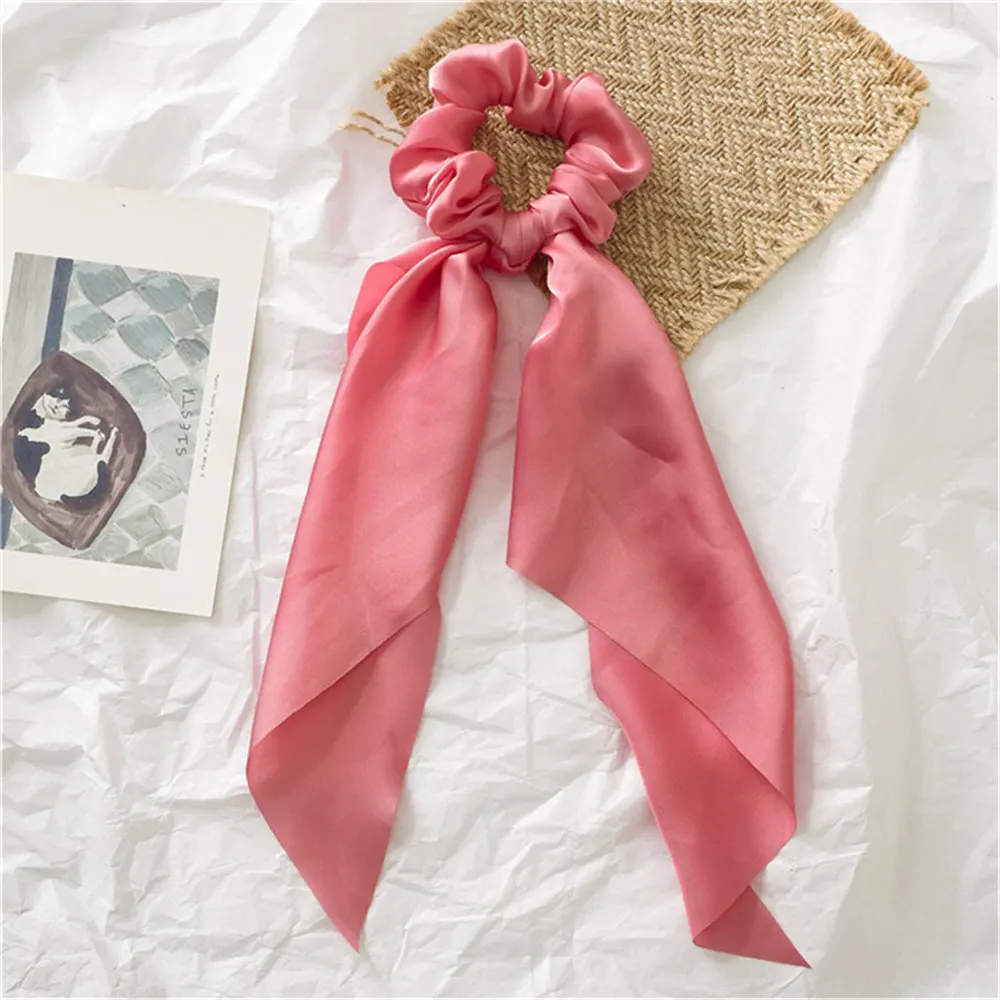 Pink Летние Стильные многоцветные женские головные уборы тюрбан DIY лук стримеры резинки для волос конский хвост галстуки твердые головной убор - Цвет: Pink