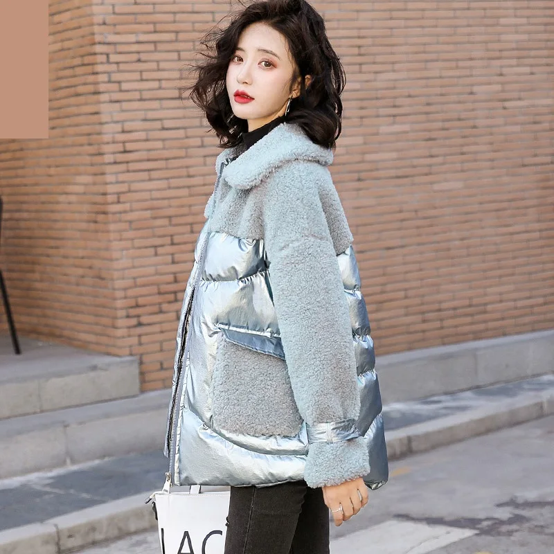 Зимние куртки 2020 модная женская Свободная блестящая куртка из овечьей шерсти в