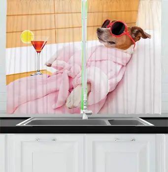 

Multicolor Funny Kitchen Curtains Jack Russel Dog Relaxing Wellness Centre Drinking Her Martini Cocktail Lazy Window Drapes