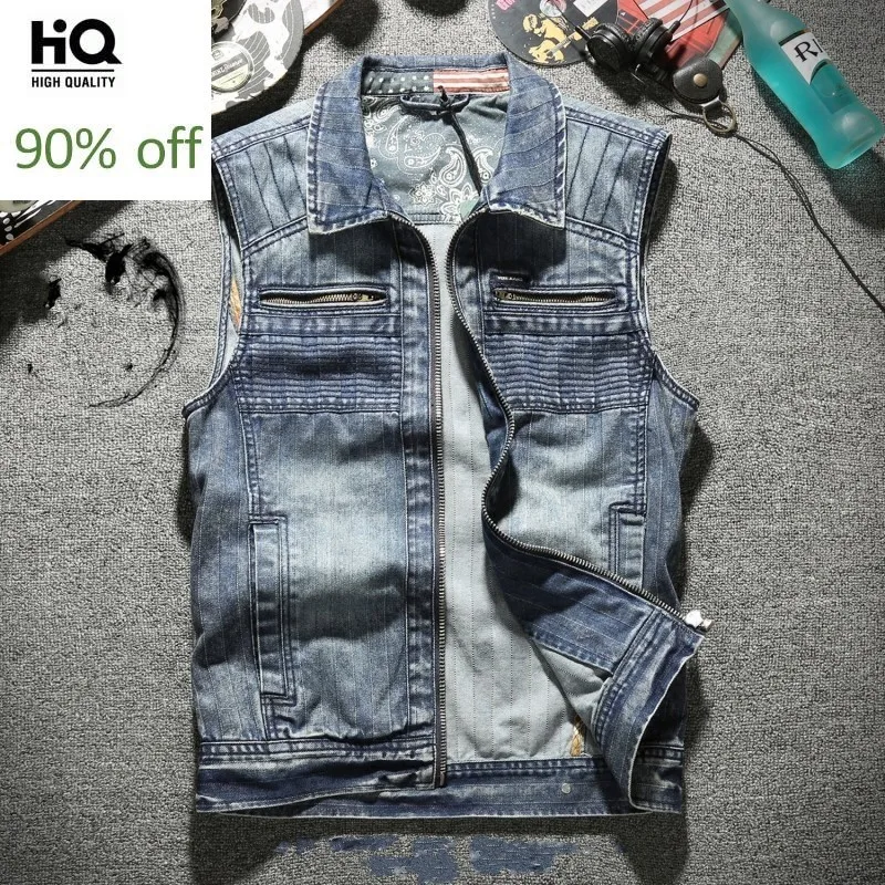 

Vintage Mens Zipper Denim Waistcoat Motorcycle Biker Slim Fit Sleeveless Jacket Man Pockets Cowboy Tank Vest Outwear Coat S-3XL