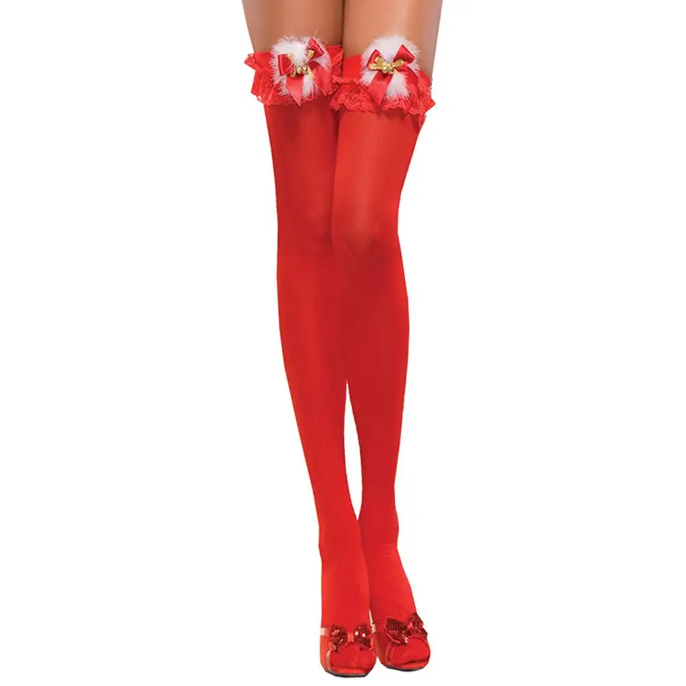 Красный бант колокольчики сексуальные бедра высокий сплошной цвет Непрозрачный Рождественский взрослый женский костюм для ролевых игр перо чулки - Цвет: Red