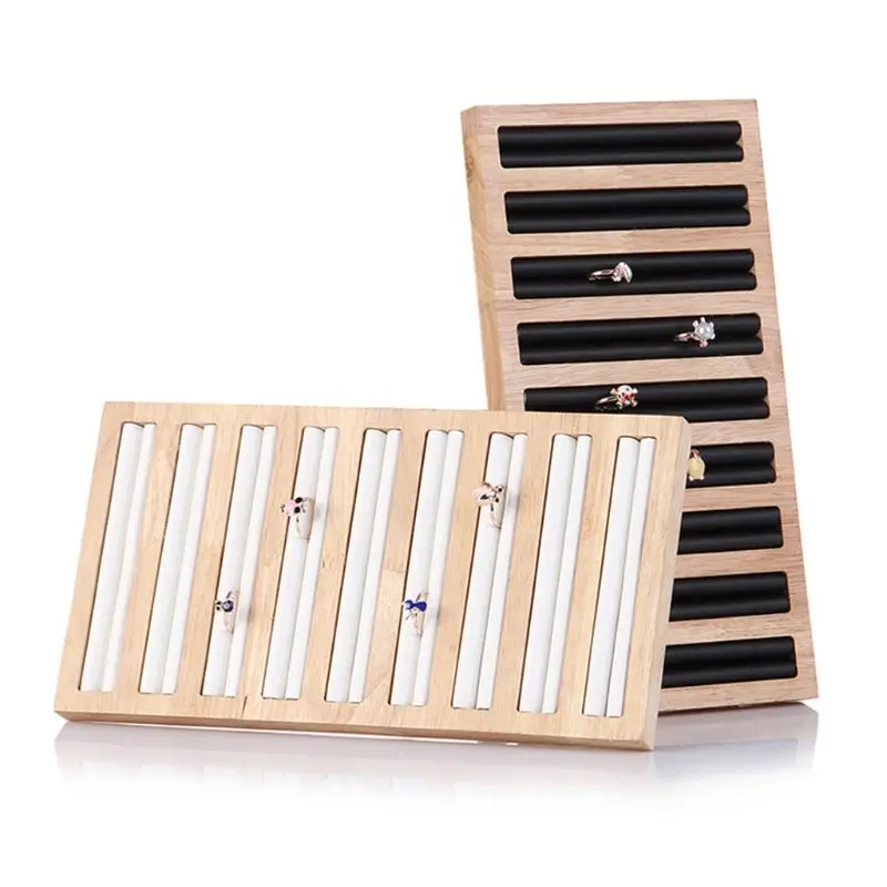 Rectangle Wood 9 Long Slots Jewelry Display Tray Ring Holder Large Capacity Box