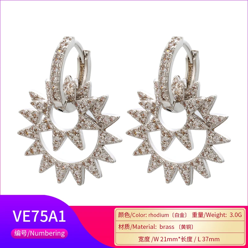 ZHUKOU 21x37mm high quality explosion small sun earrings crystal brass earrings for women& girls jewelry decoration model: VE75