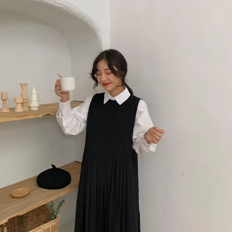 Корейское модное женское плиссированное платье, Осеннее корейское летнее платье, женские платья без рукавов с круглым воротником