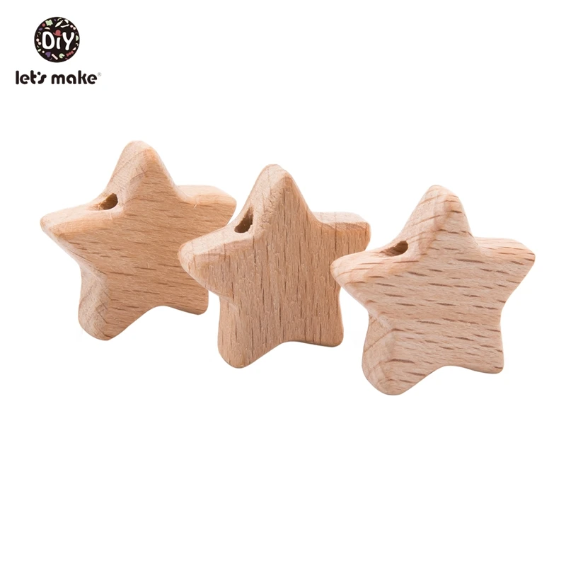 Let's Make Wood Beads 10Pcs Cartoon Star Shape Beech Wood Teething Bead Bpa Free Wooden Teether Baby Teether For Teeth Tiny Rod