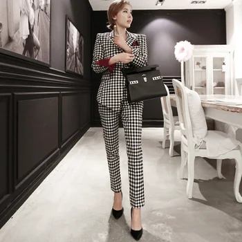 

2019 Autumn Winter Slim Women Two Piece Outfits Korean Fashion Suit Set Irregular Plaid Blazer Jacket + Pants Two Piece Set
