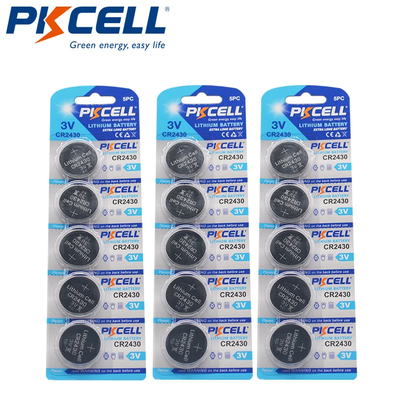 15 шт PKCELL CR2430 литиевая Кнопка монета батарея 3V DL2430 2430 для часов игрушки наушники |