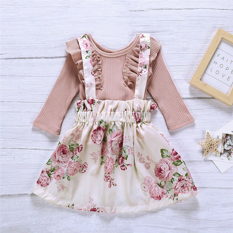 Toddler Baby Girls Long Sleeve Solid Tops+Floral Print Suspender Skirts Outfits vetement enfant fille #4J26 (6)