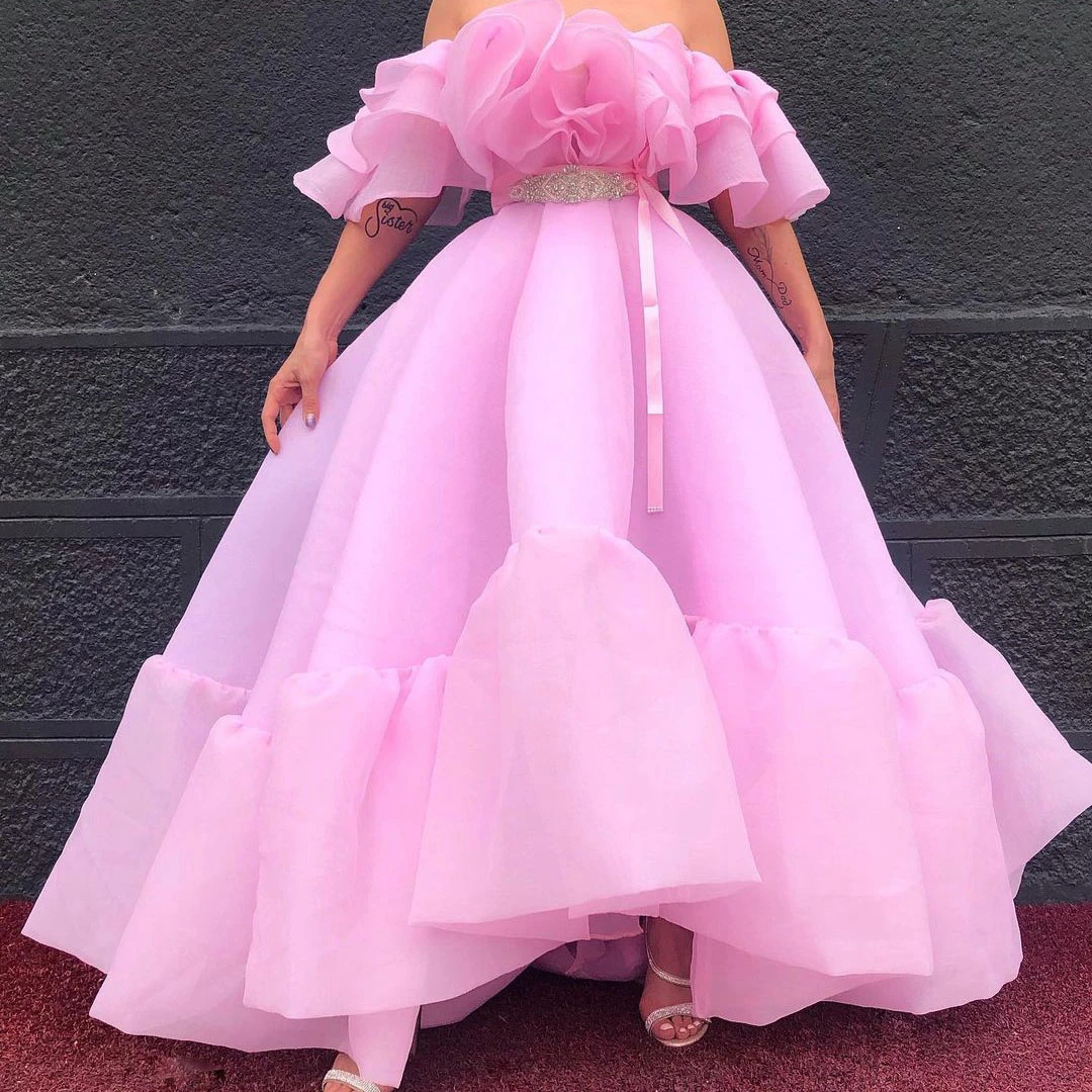 evening wear Gentlewoman Prom Dress Off-The-Shoulder Ruffle Sleeve High Waist Layered Ruffle Tulle Floor Length Pink Lace-Up Evening Gown formal evening gowns