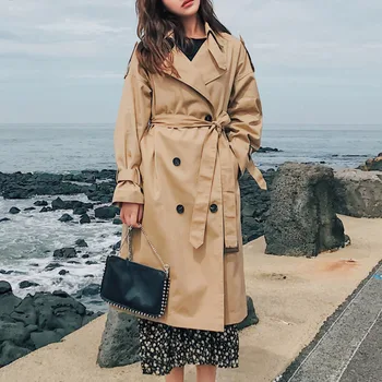 

SONDR Long Sleeve Simple Trend Loose Ladies Coat Korean Style Khaki Windbreaker Double Breasted Turn-down Collar Overcoats