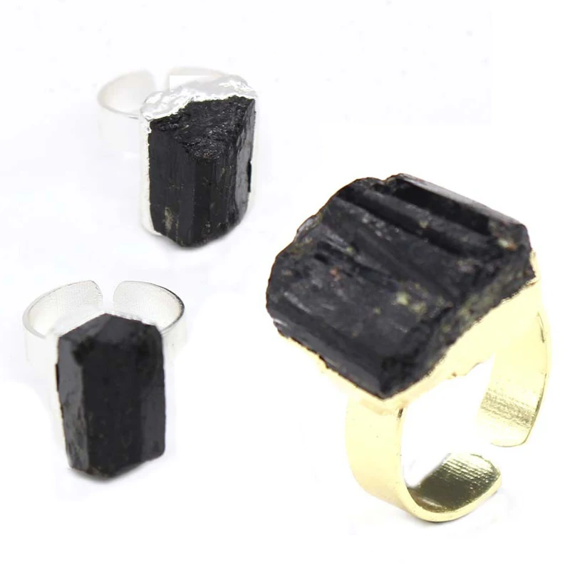 

Natural Black Tourmaline Stone Finger Rings Men Gold Silver Plating Irregular Resizable Unique Ring for Women Party Jewelry Gift