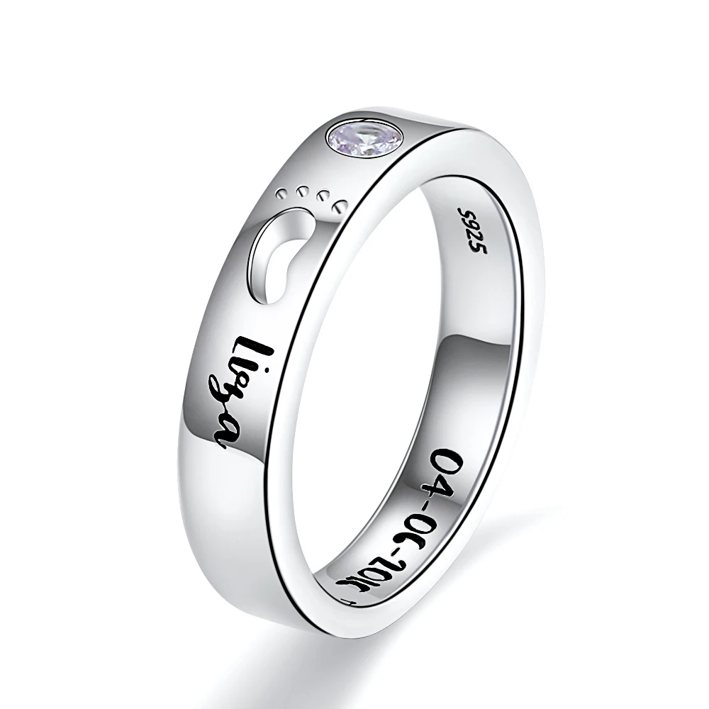 Strollgirl 925 Sterling Silver Custom Birthstone Engraved Name Rings Baby Footprints Finger for Women Personalized Jewelry | Украшения и