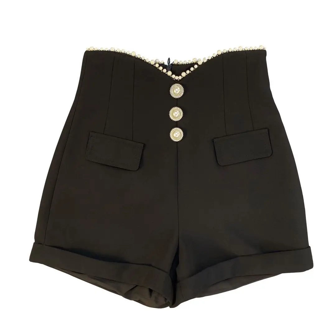 Spring Autumn Fashion Casual Black White Beaded High Waist Shorts Women Elegant Office Ladies Cotton Short Pants Female Bottoms