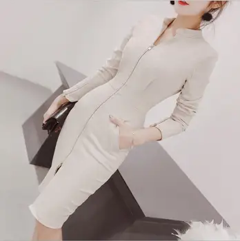 

Autumn Winter Fashion Solid Bodycon Dress Long Sleeve Zipper Split Pencil Dress Vestidos Verano Robe Femme