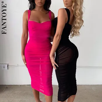 

FANTOYE See Through Mesh Sexy Dress Women Elegant Sleeveless Strapless Bodycon Party Dress Ladies Skinny Ruched Backless Dresses