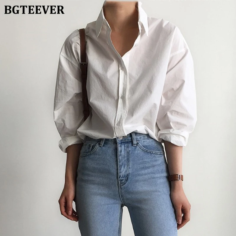  BGTEEVER Office Ladies White Shirts Blouses Spring Simple Turn-down Collar Single-breasted Long Sle