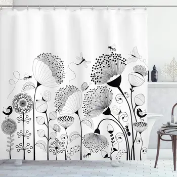 

Black and White Shower Curtain Small Large Blooming Flowers with Butterflies and Bees Creature Nature Bathroom Decor Set