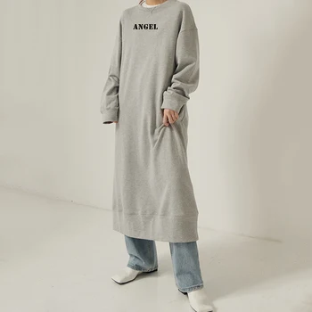 

Korea Women Gray Letter Printed Sweatshirt Dress New Round Neck Long Sleeve Loose Fit Fashion Tide Spring Autumn 2020 1R585