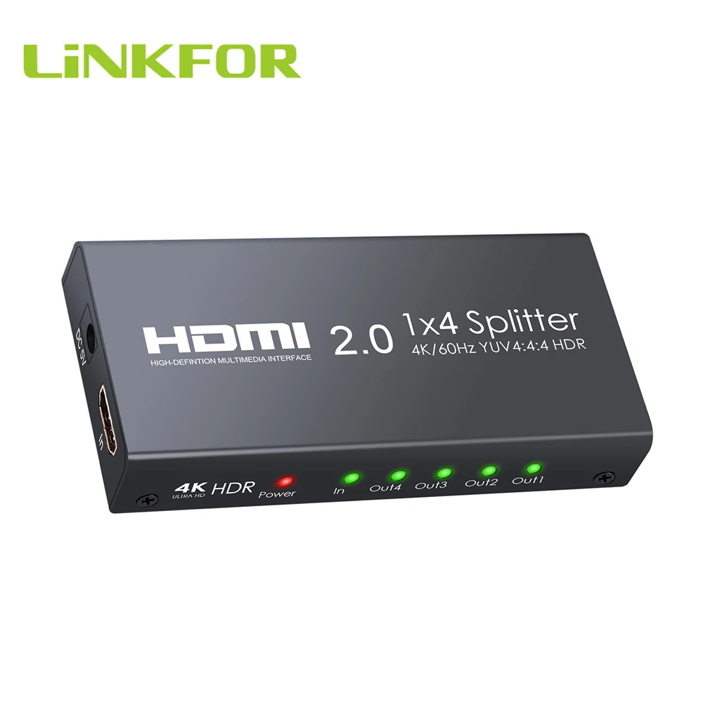 

Разветвитель LiNKFOR, 4 выхода, HDMI 2,0, 1 в 4 выхода, поддержка 4K @ 60 Гц YUV 4:4:4 HDR