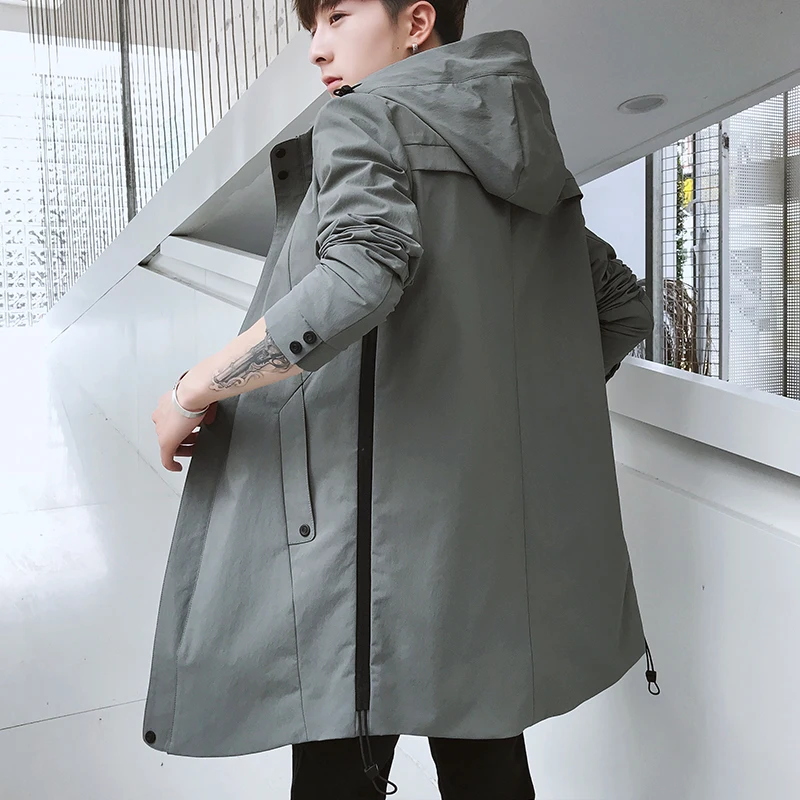 

2020 New Fashion Spring And Autumn Youth Long Jacket Male Leisure Hot Windbreaker Hat Loose Coat clothes Black Free