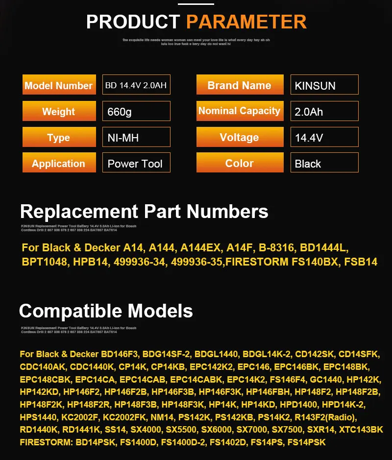 KINSUN Сменный аккумулятор для электроинструмента 14,4 В 2.0ач для аккумуляторной дрели Black& Decker A14 A144 A144EX A14F BD146F3