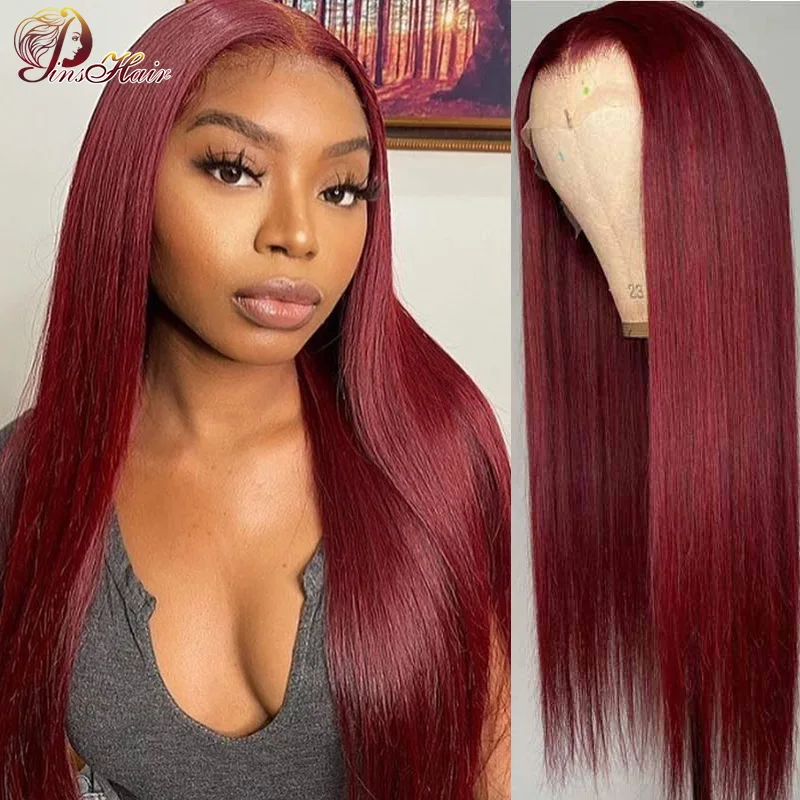 Pinshair Straight Lace Front Human Hair Wig For Women Long Color 99J Burgundy Brazilian Bone Wigs | Шиньоны и парики