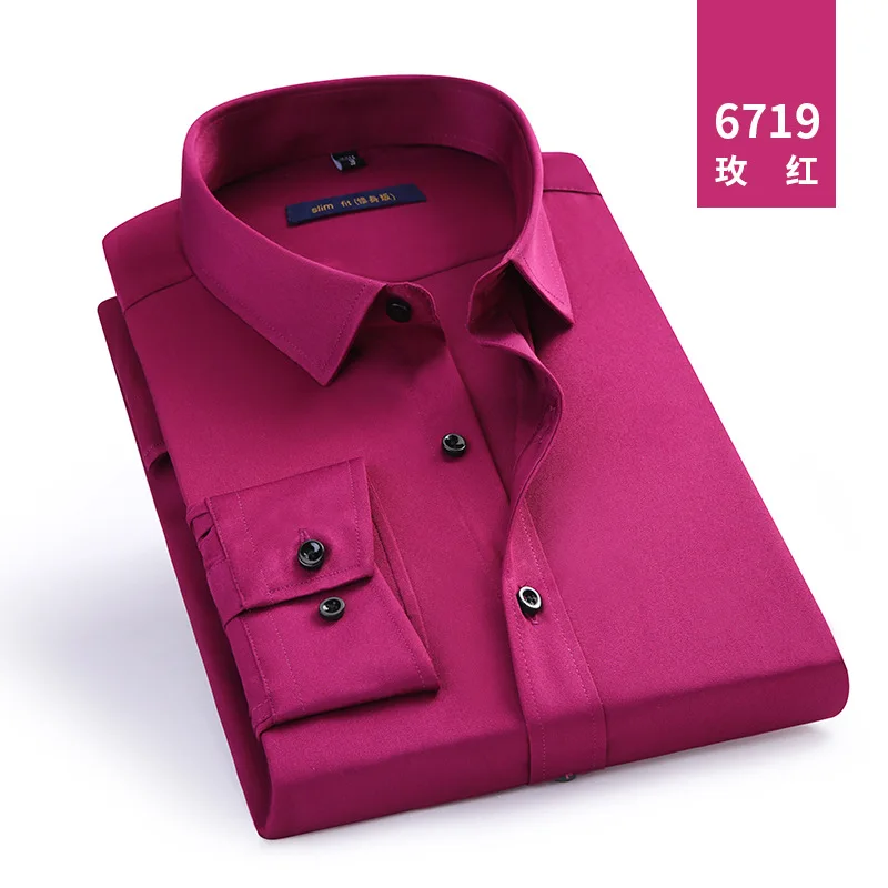 6719 Red Осенние мужские рубашки masculino Hombre модная однотонная эластичная рабочая одежда тонкая мужская одежда умная Повседневная без глажки различных цветов 4XL - Цвет: 6719 Red