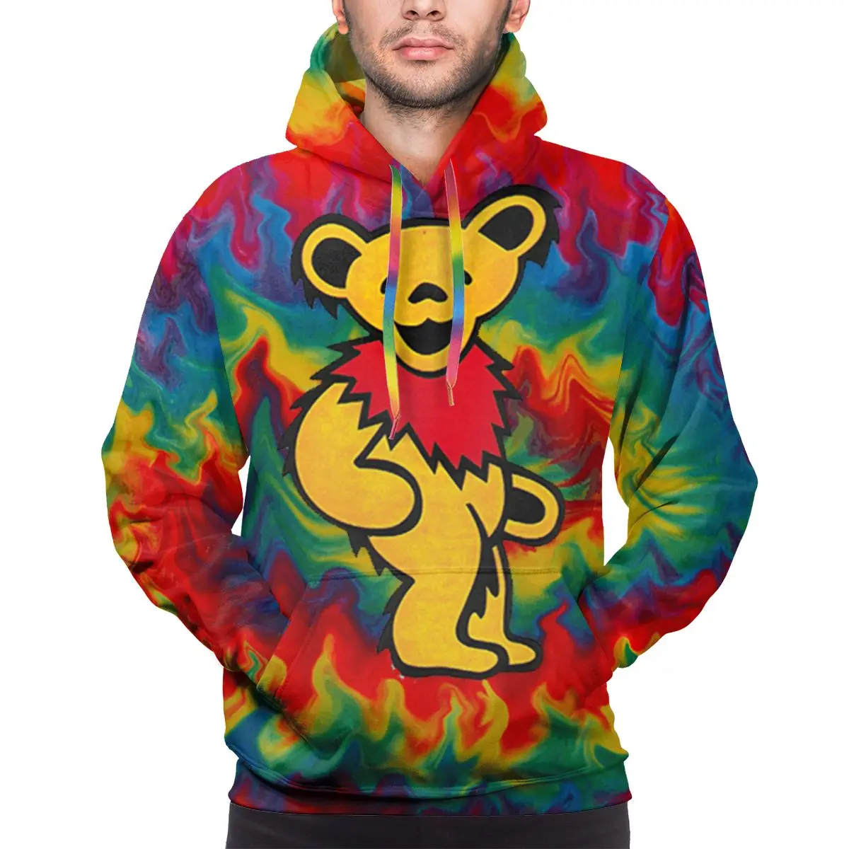 Мужская повседневная толстовка с капюшоном, 3D цифровой цветной принт Fire TieDye Dance Bear, пуловер с капюшоном и карманом