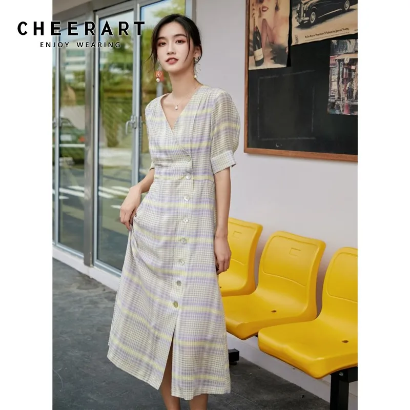 

Cheerart Purple Plaid V Neck Long Dress Summer Chiffon Tunic Midi Dress Women Short Sleeve Button Up Korean Dress Fashion