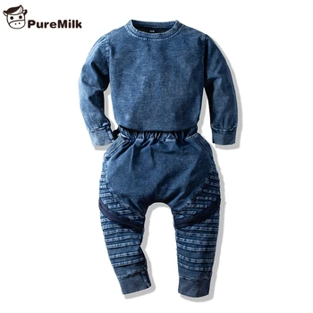 

PureMilk Boys Clothes Set Fashion Kids Clothes Set Long Sleeve Shirt With Pant 2pcs Set Demin Meterial Clothes