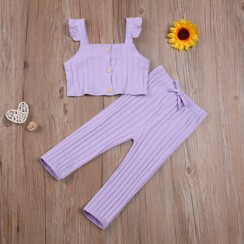 Girl's Two Piece Set Summer 2022 Children's Ribbed Knit Vest Solid Color Flying Sleeve Tops Elastic Waistband Trousers | Детская