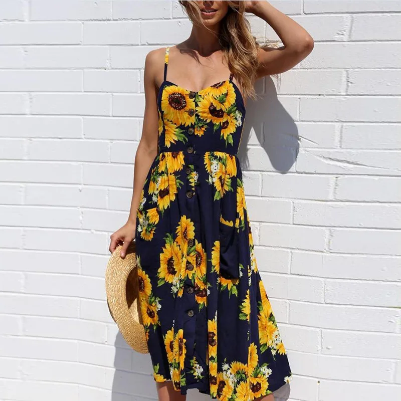 2018 New LOSSKY Women Print Floral Stripe Bohemian Dress V-Neck Sleevele Sexy Button Beach Casual Boho Midi Dress Plus Size 3XL