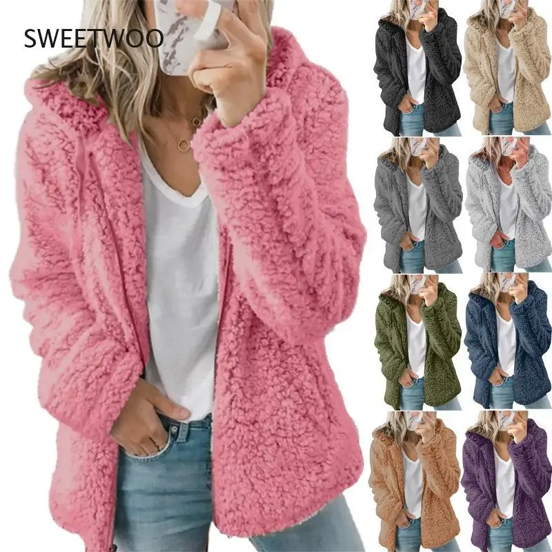 New Faux Fur Coat Women with Hood Oversize Hooded Woolen Slim Streetwear Overcoat Winter Warm Jackets Fit Outwear Plush