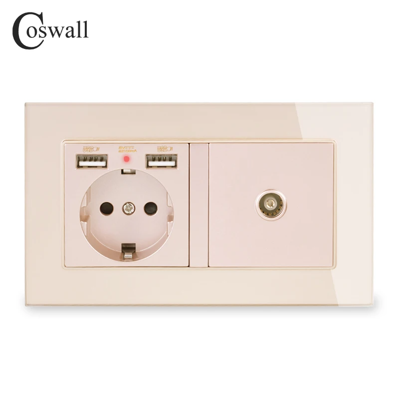 COSWALL Россия Испания стандарт ЕС розетка 2 USB порт зарядки со скрытым мягким светодиодный+ женский ТВ разъем рамка с закаленным стеклом