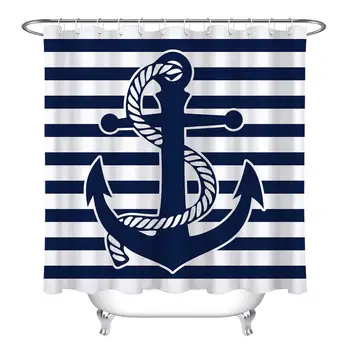 

Nautical Anchor Theme Shower Curtain Navy Blue Strip Bathroom Curtains for with Hooks,Waterproof Polyester Fabric