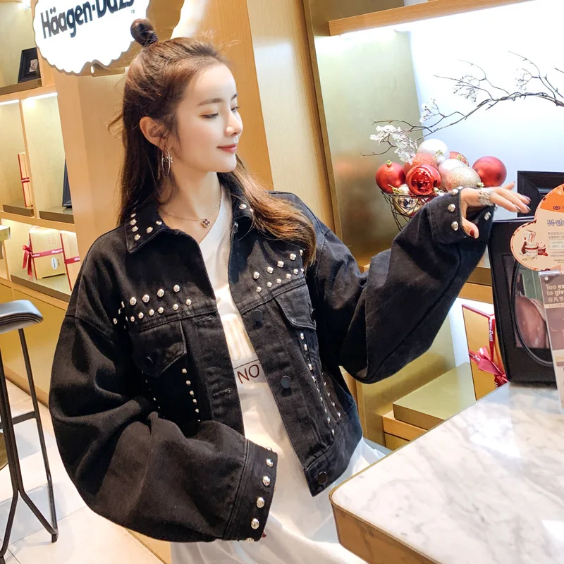 Осенняя женская джинсовая куртка Harajuku с заклепками крутая короткая черная