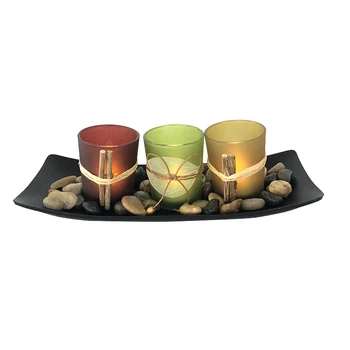 

Direct Natural Candle Scape Set 3 Candlestick Cup Decorative Candle Holders with Rocks and Tray Wedding Bar Decoration Crafts Ca