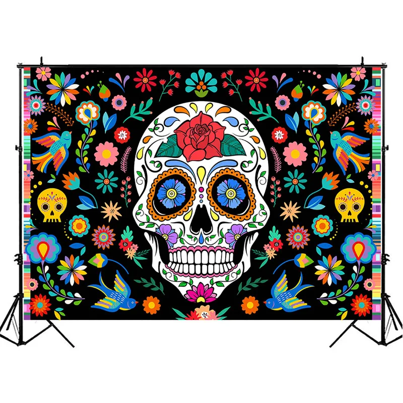 Leowefowa 10x10ft Day of The Dead Backdrop Dia De Los Muertos Photography Background Floral Mexican Skull Marigold Flowers Illustration Fiesta Banner Carnival Party Decor Child Baby Shoot