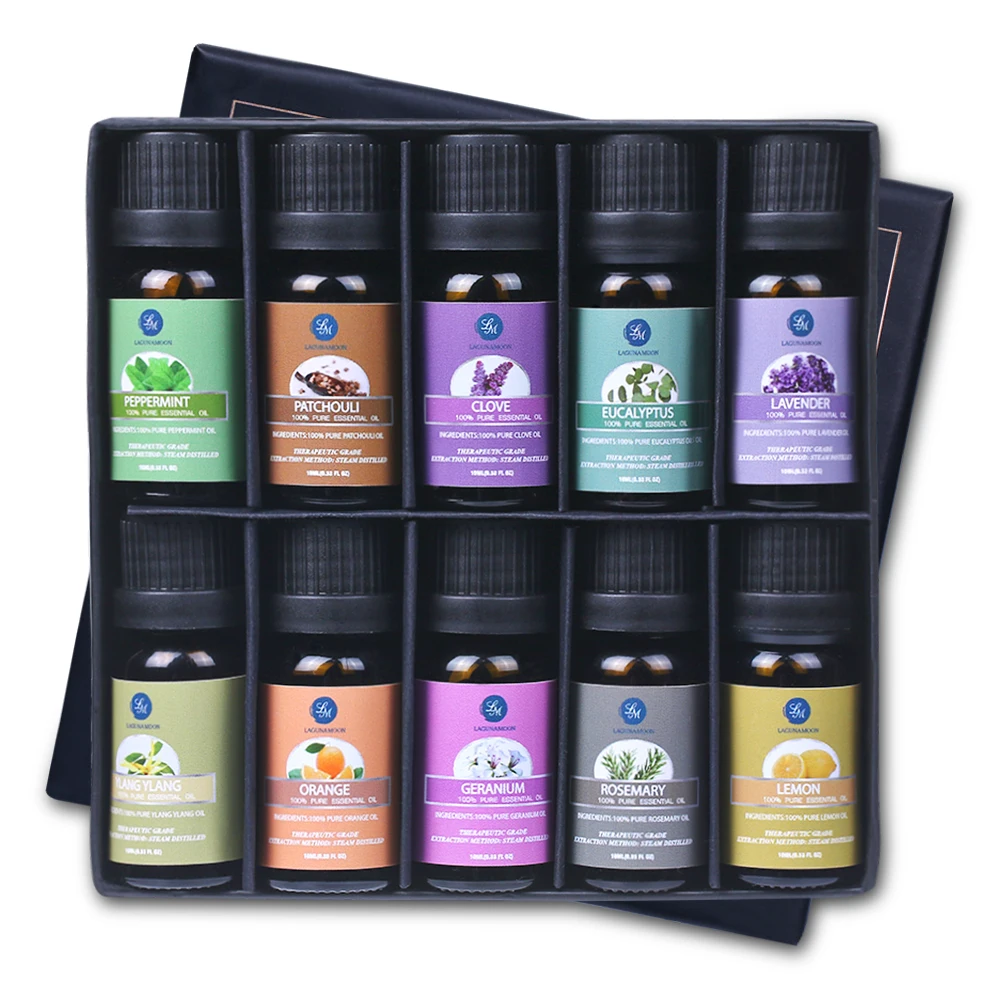

Lagunamoon 10ML 10Pcs Gift Set Pure Essential Oils Diffuser Humidifier Massage Aroma Orange Peppermint Patchouli Lavender Lemon