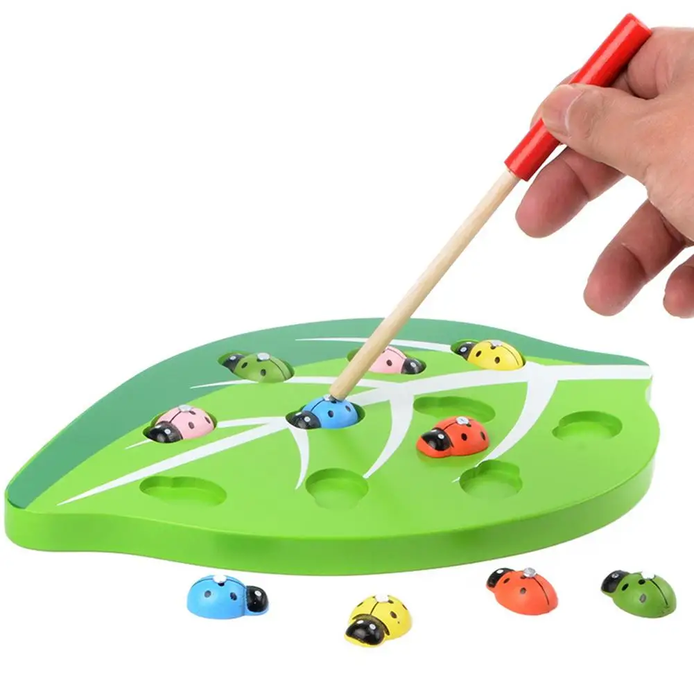 

Magnetic Lovely fresh color Wooden Leaf Catch Insect Snapping Ladybug Kids Children Game Toy Gift improve hand-eye coordination