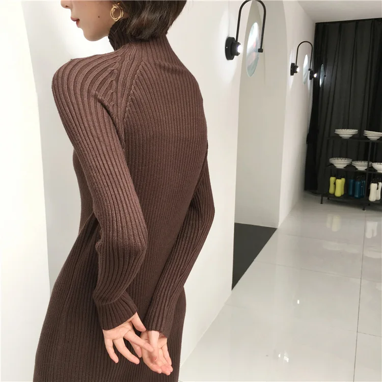 Шикарное южнокорейское Dongdaemun осеннее и зимнее свободное кольцо на молнии с высоким воротником Exta-long вязаный свитер платье