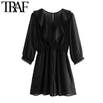 

TRAF Women Chic Fashion Dotted Mesh Ruffle Playsuits Vintage Three Quarter Sleeve Elastic Waist Female Short Jumpsuits