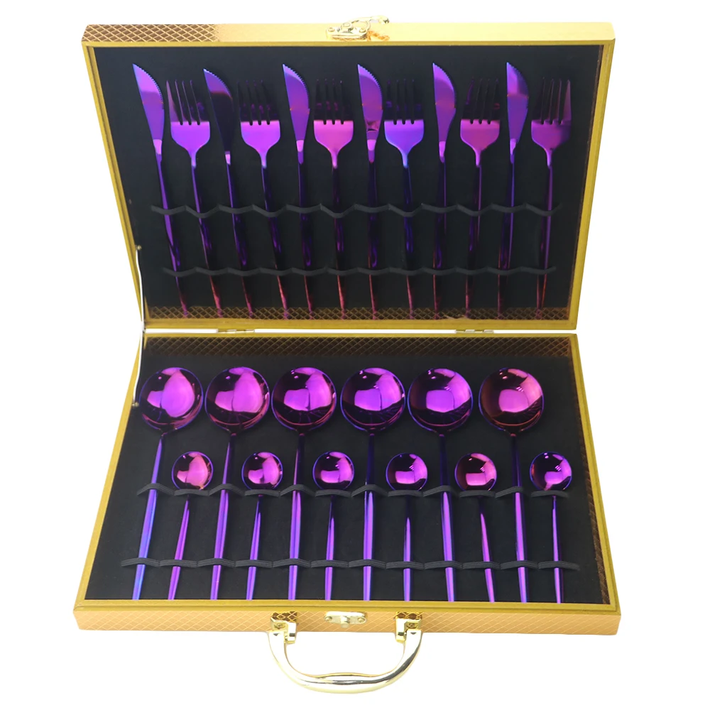24 шт. роскошный золотой столовый набор из вилок, нож, ложка, набор посуды, 304 нержавеющая сталь, набор столовых приборов, кухонная посуда с подарочной коробкой - Цвет: Purple