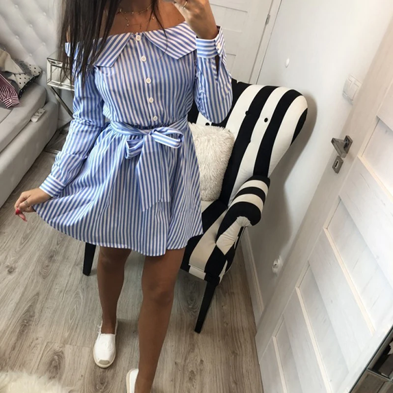 

Casual Loose Striped Women Beach Dress Summer 2020 Elegant Long Sleeve Striped Slash Neck Sexy Party Mini Dress Shirt Dress